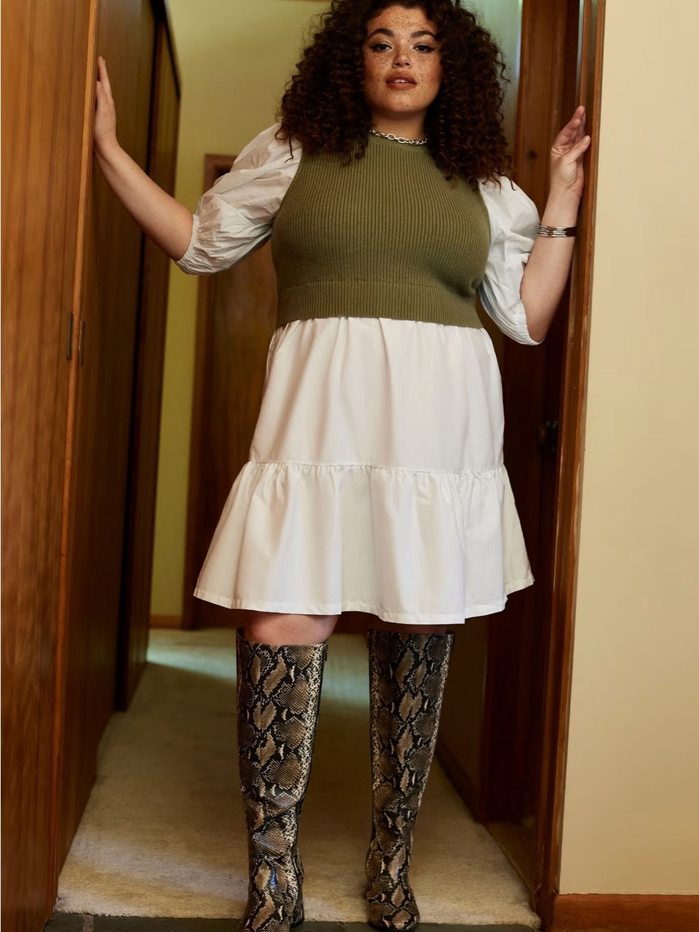 Eloquii Olive Knit Vest Over White Tiered Dress